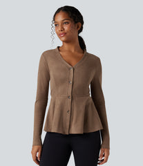 V-neck Long Sleeve Ruffle Hem Casual Suede Jacket