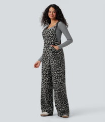 Square Neck Leopard Print Teddy Casual Baggy Overalls with Pockets