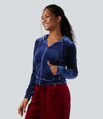 Hooded Drawstring Zipper Long Sleeve Velvet Casual Jacket with Pockets