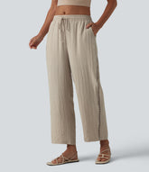 Mid Rise Drawstring Straight Leg Linen-Feel Pants with Pockets