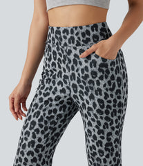 High Waisted Leopard Waffle Flare Casual Pants with Pockets