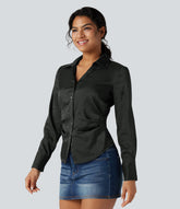 V-neck Long Sleeve Curved Hem Slim Casual Shirt