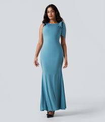 Boat Neck Sleeveless Mermaid Hem Sheen Maxi Dress