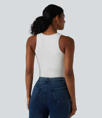 Ribbed Knit Round Neck Built-in Bra Casual Tank Top
