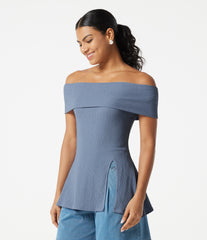 Off Shoulder Short Sleeve Split Hem Casual Top