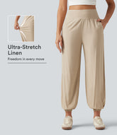 High Waisted Casual Stretch Linen Joggers with Pockets