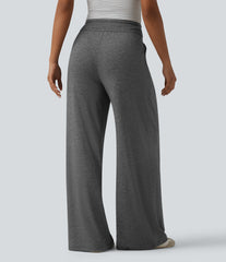 High Waisted Drawstring Pleated Heathered Casual Baggy Pants with Pockets