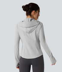 Hooded Long Sleeve Thumb Hole Zipper Hiking Jacket with Pockets-UPF40+