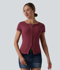 Ribbed Knit Boat Neck Short Sleeve Casual Top
