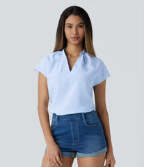 V Neck Short Sleeve Curved Hem Stripe Casual Top
