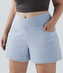 Halara Flex™ Crossover High Waisted Pockets Wide Leg A Line Washed Denim Casual Plus Size Shorts