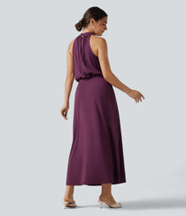Mock Neck Sleeveless Keyhole Back Stretchy Satin-Like InstantCool Midi Dress