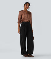 V-neck Long Sleeve Satin Work Top