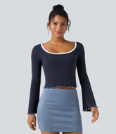 Square Neck Flounce Long Sleeve Casual T-Shirt