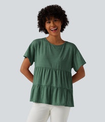Round Neck Short Sleeve Ruffle Hem Heathered Casual Babydoll T-Shirt