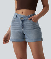 Halara Flex™ Asymmetric High Waisted Rolled Hem Washed Denim Casual Shorts with Pockets