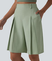 Wrinkle-resistant High Waisted Invisible Zipper Pleated Linen-Feel Casual Bermuda Baggy Shorts with Pockets