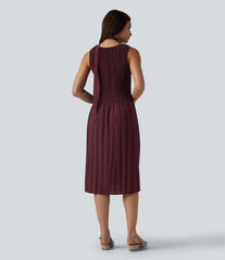 Boat Neck Sleeveless Belted Plisse Midi Work Dress