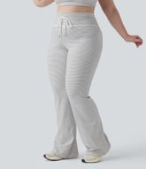 High Waisted Drawstring Stripe Flare Yoga Plus Size Pants with Pockets
