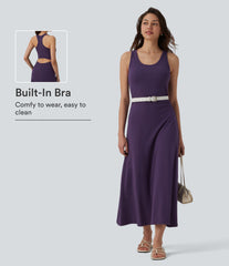Racerback Sleeveless Ruched Built-in Bra Midi Casual Dress