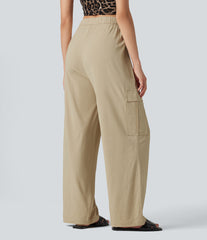 Mid Rise Drawstring Straight Leg Casual Stretch Linen Cargo Pants with Pockets