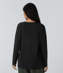 Round Neck Long Sleeve Pocket Hem Relax Casual Top