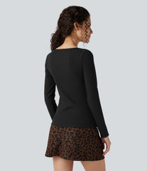 Ribbed Knit Lace Henley Neck Long Sleeve Casual Top