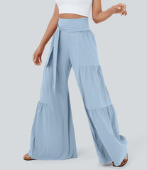 Breezeful™ High Waisted Shirred Tie Front & Back Wide Leg Flowy Quick Dry Casual Pants
