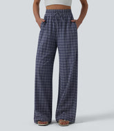 High Waisted Drawstring Plaid Crinkle Quick Dry Casual Wide Leg Pants with Zip Pockets