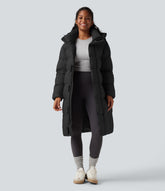 Hooded Long Sleeve Zipper Longline Casual Puffer Jacket with Pockets