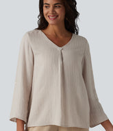 V-neck Roll Up Sleeve Linen-Blend Casual Top