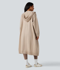 Hooded Long Sleeve Longline Casual Cardigan with Pockets