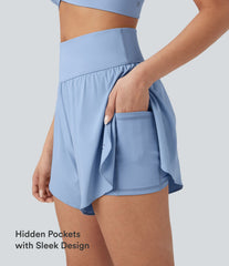 SoftlyZero™ QuickDry High Waisted Tummy Control Reflective Dots Crossover Hem 2-in-1 Running Shorts 5'' with Pockets