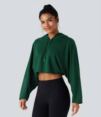 Hooded Dropped Shoulder Cropped Relaxed Casual Sweatshirt