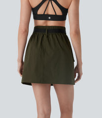 Water Repellent Super High Waisted Belted Zipper Mini A-line Ripstop Camping Cargo Skirt with Pockets