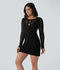 Long Sleeve Slim Mini Hollow Out Linen-Feel Dress