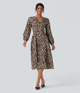 V-neck Long Sleeve Tie Back Leopard Print Midi Casual Dress with Pockets