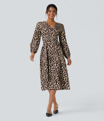 V-neck Long Sleeve Tie Back Leopard Print Midi Casual Dress with Pockets