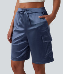 Mid Rise Drawstring Satin Casual Cargo Bermuda Shorts 9'' with Pockets