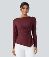 Boat Neck Long Sleeve Ruched Asymmetrical Hem Slim Work Blouse
