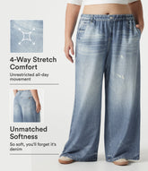 Plus Size Mid Rise Denim Print French Terry Casual Sweatpants Jeans with Pockets