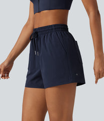 High Waisted Drawstring Stretchy Poplin Workout Baggy Shorts with Pockets