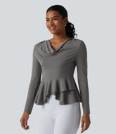 Cowl Neck Long Sleeve Ruffle Hem Work T-Shirt