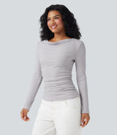 Ribbed Knit Cowl Neck Long Sleeve Ruched Casual Top