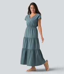 V Neck Short Sleeve Stretchy Poplin Midi Casual Dress