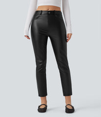 Mid Rise Stretchy PU Fleece 7/8 Casual Tapered Pants with Pockets