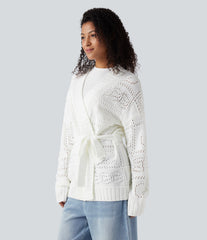 Open Front Long Sleeve Belted Sweater Knit Casual Cardigan