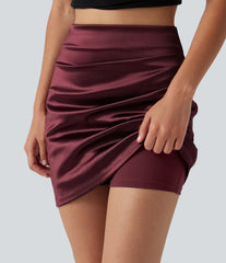 High Waisted Ruched Crossover Hem 2-in-1 Bodycon Satin Mini Casual Skirt