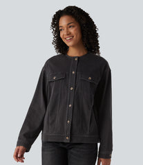 Halara Flex™ Round Neck Long Sleeve Denim Casual Jacket with Pockets