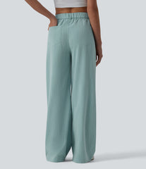 Crossover High Waisted Casual Linen-Feel Baggy Pants with Pockets